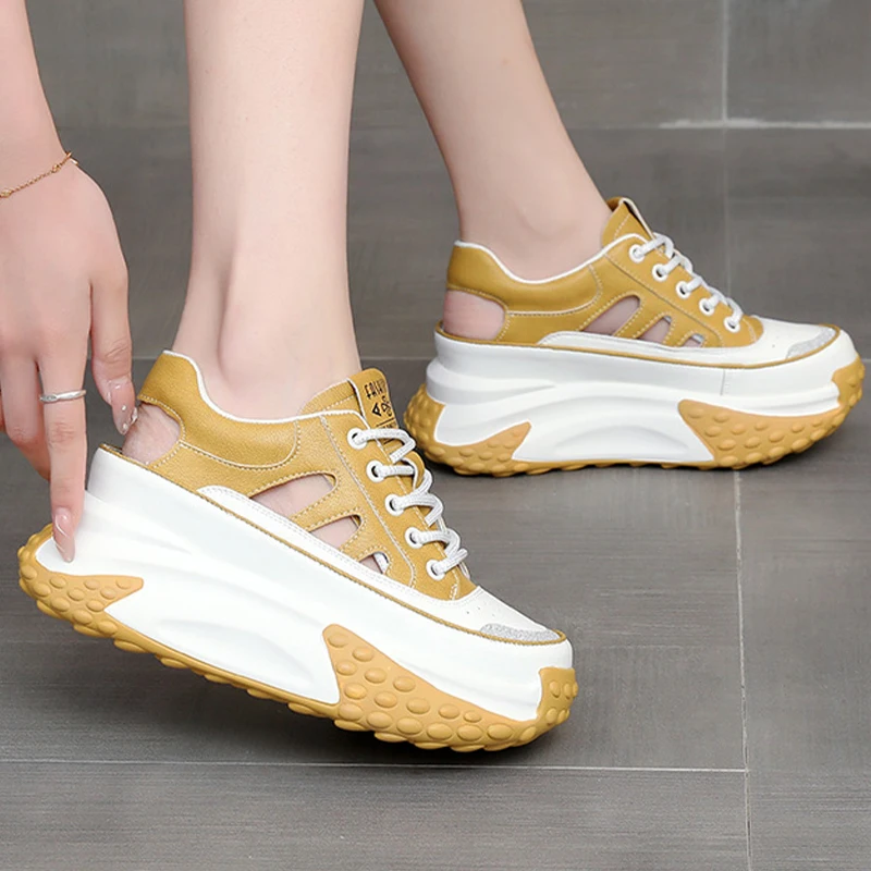 7CM 2023 Platform Wedge Chunky Sneaker Fashion Genuine Leather Hollow Lace Mixed Color Casual Comfy Lady Hidden Heel Female Shoe