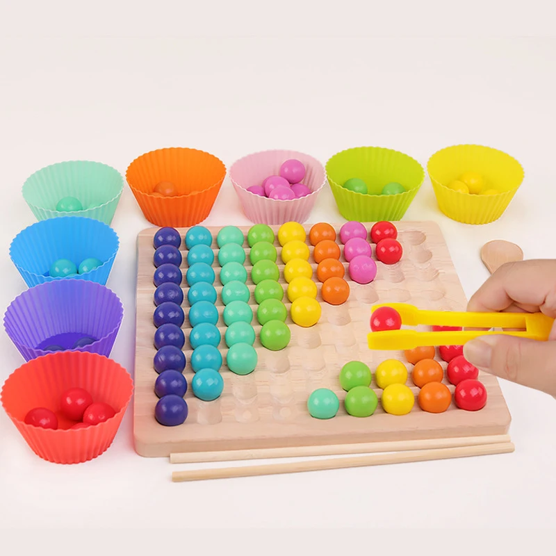 

Kid Rainbow Matching Game Early Childhood Children Wooden Clip Ball Puzzle Parent-child Interactive Toy Montessori Toy For Kids