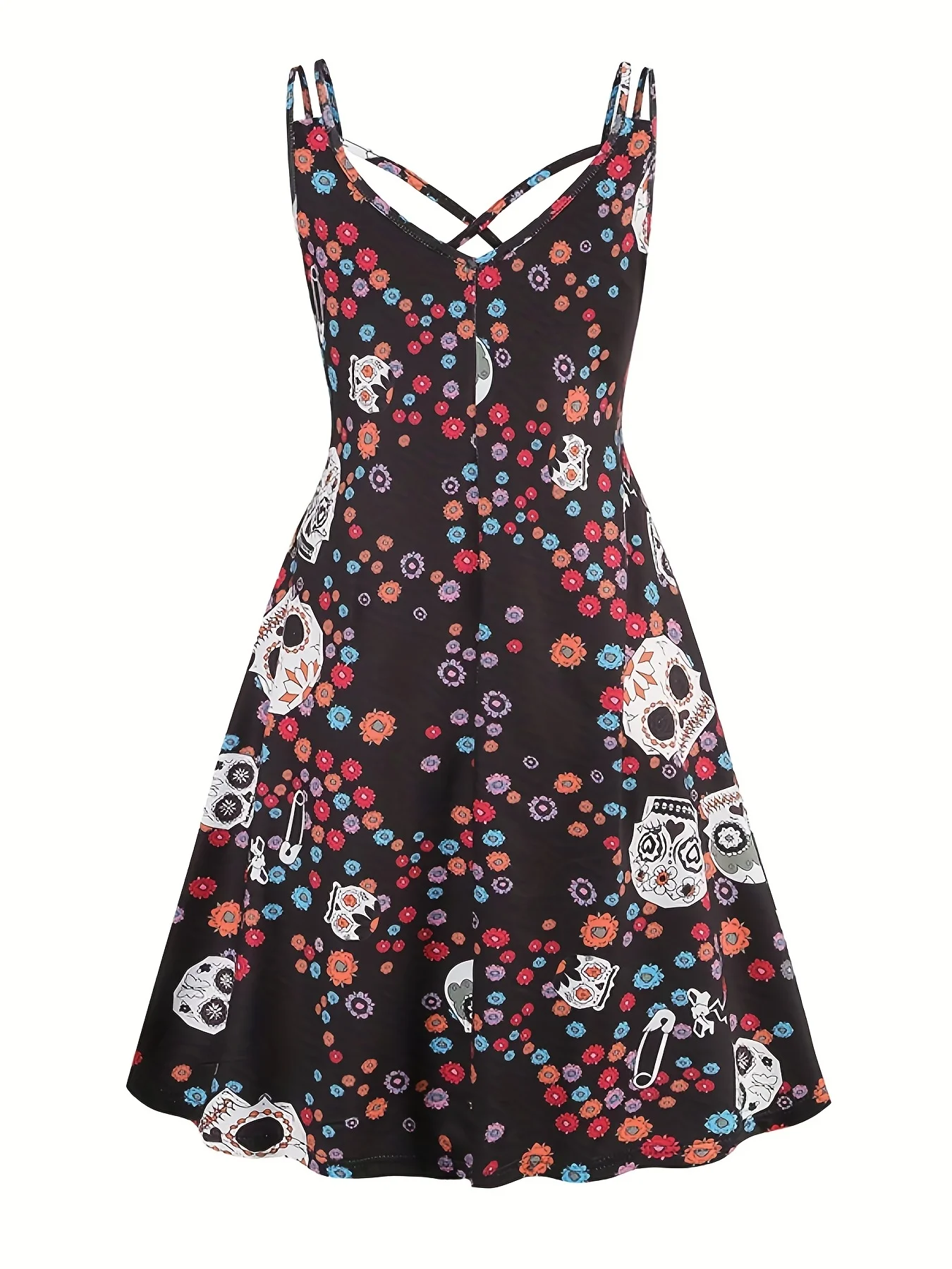 Платье с черепом и цветочным принтом готическое платье без рукавов V-образным