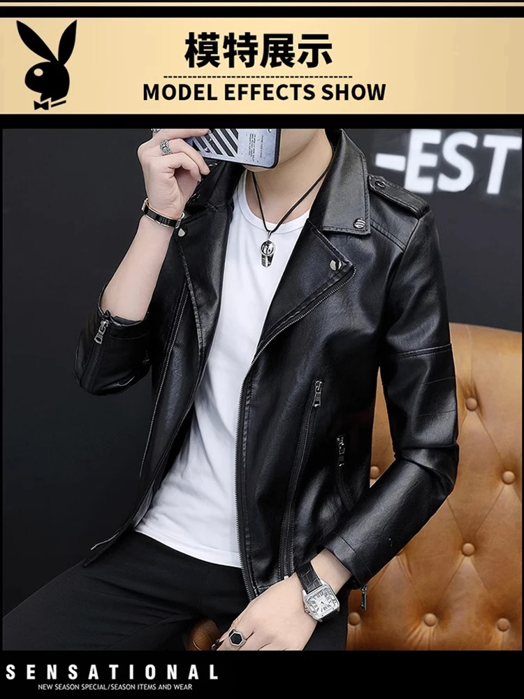 Playboy Leather Men's Genuine Spring and Autumn Motorcycle Clothing Outerwear Winter Slim fit Trendy Handsome Fleece-...