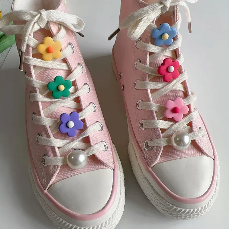 2PCS Colorful Pink Flowers Crystal Heart Charms DIY Shoe Canvas Buckles Decoration Sneakers Summer Bohemia Jewelry Accessories