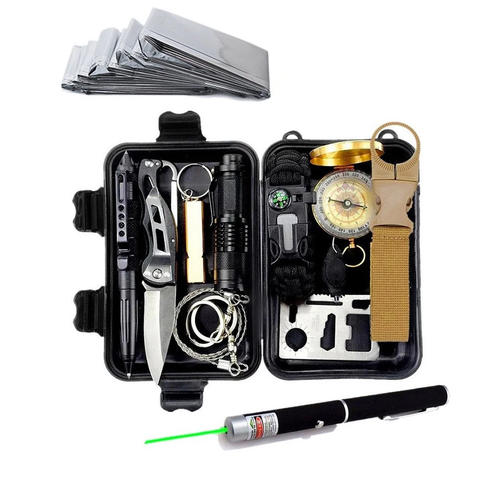 

Survival kit set military outdoor travel mini camping tools aid kit emergency multifunct survive Wristband whistle blanket knife