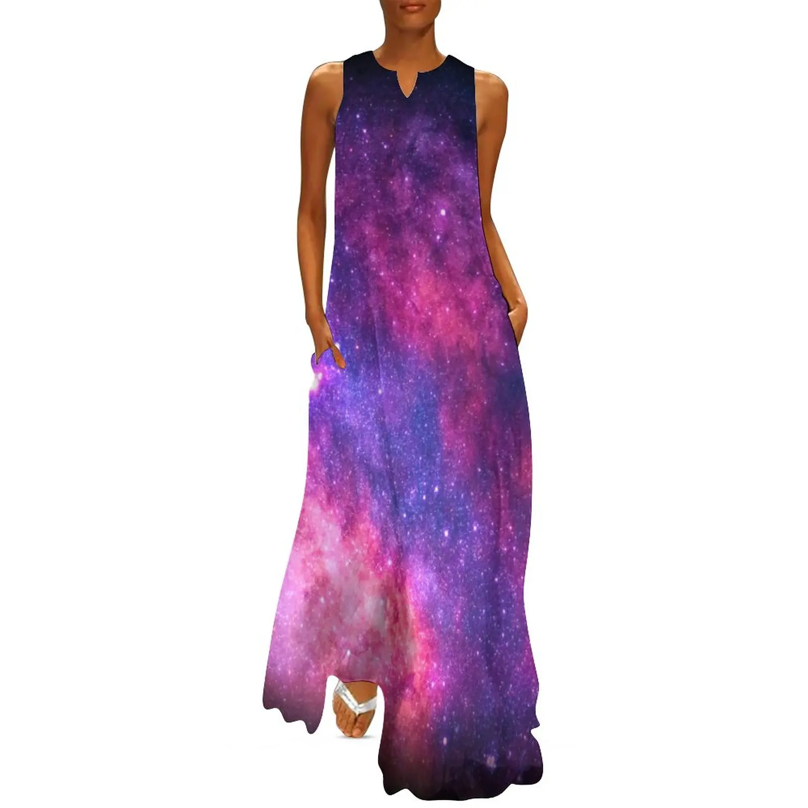 

Colorful Galaxy Sky Dress Pink Purple Star Elegant Maxi Dress Street Fashion Boho Beach Long Dresses Pattern Clothes 3XL 4XL 5XL