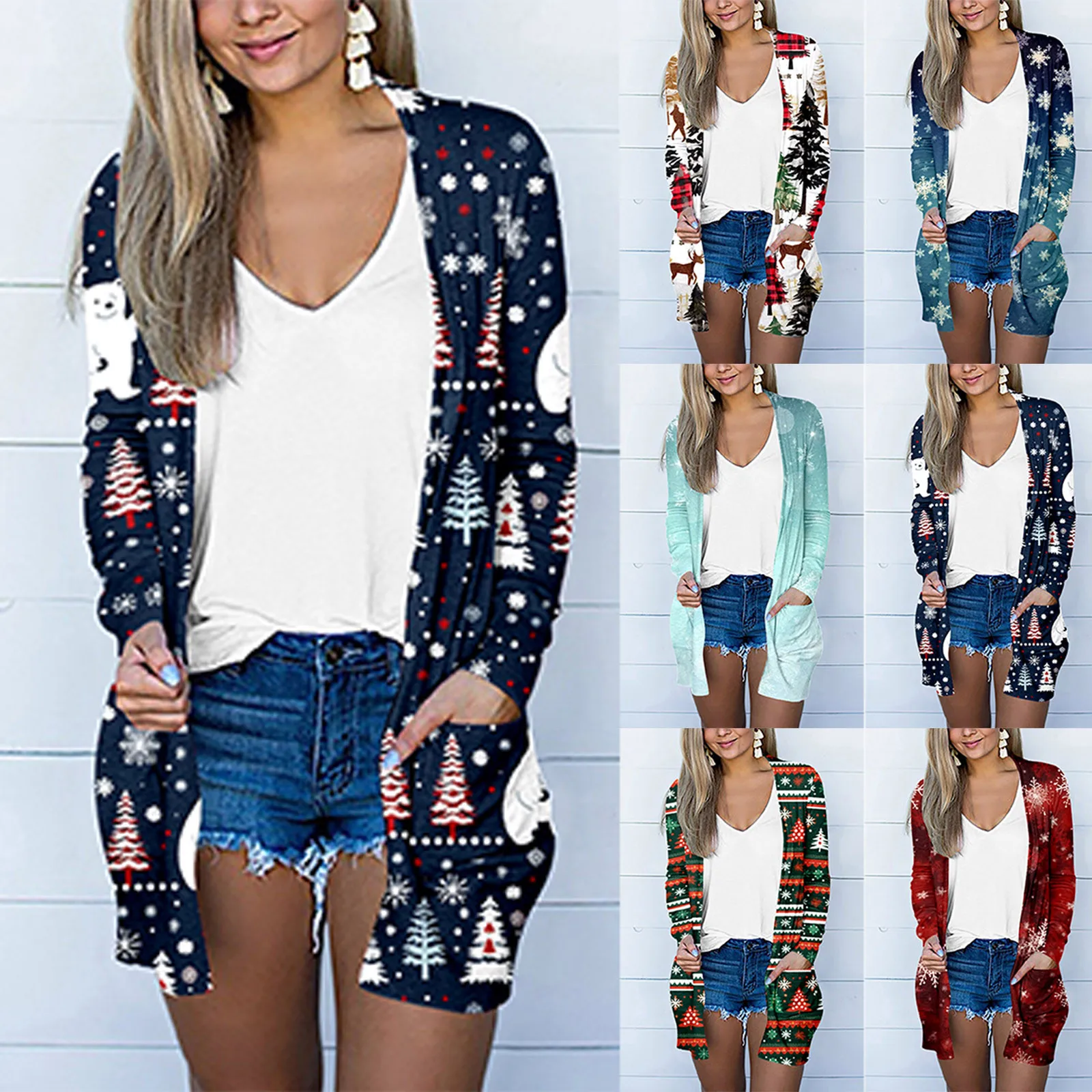 

Осенне-зимний Повседневный Кардиган с длинным рукавом и карманами, куртка, кардиган с забавным принтом для женщин