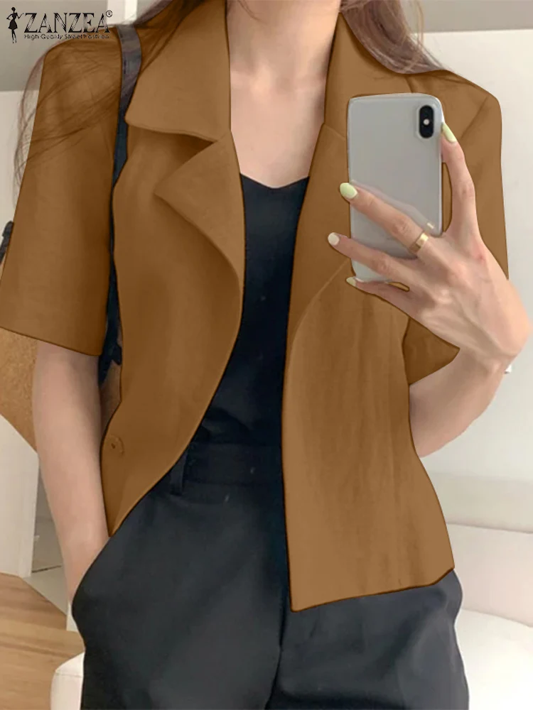 ZANZEA Fashion Blazer Summer Lapel Neck Shirt Woman Solid Color Short Sleeve OL Blouse Femme Casual Streetwear Tops Blusas Mujer