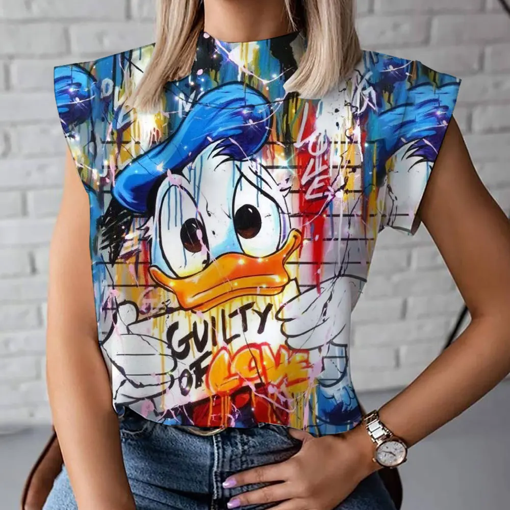 

2023 summer cartoon Disney Mickey and Minnie print short-sleeved T-shirt turtleneck top sleeveless slim fit women's T-shirt