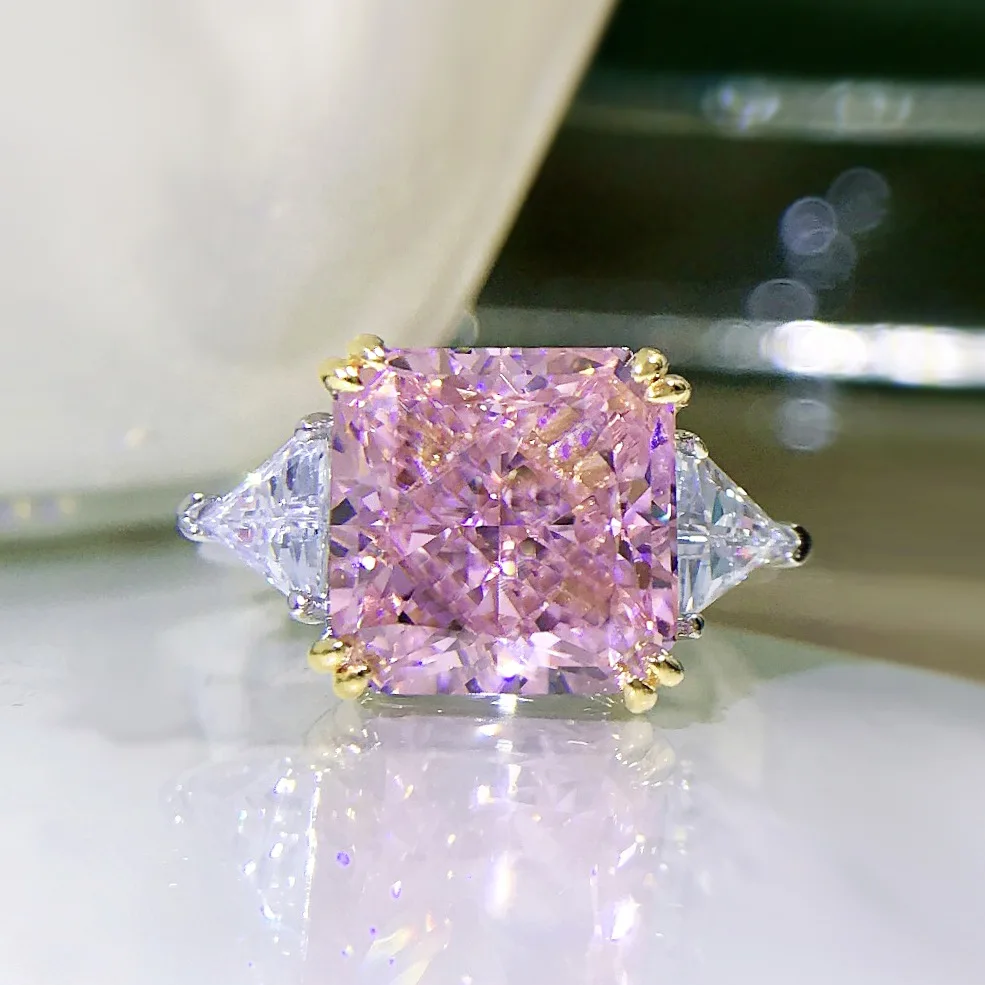 

Spring Qiaoer 925 Sterling Silver 10*10 MM G Color Created Moissanite Pink Quartz Gemstone Wedding Ring For Women Fine Jewelry