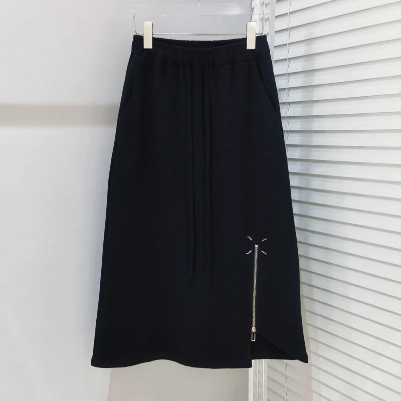 

New Black 2023Early 100%Cotton Spring Summer Fashion Runway Chic High Waist Zipper Slit Skirt Elegant Gentle Women Clothes