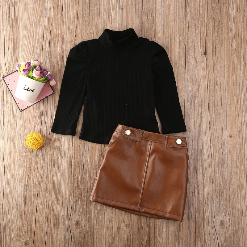 

HoneyCherry Spring And Autumn Children's Clothes High Neck Long Sleeve Top Brown Leather Skirt Two Piece Set Girls Skirt Suit