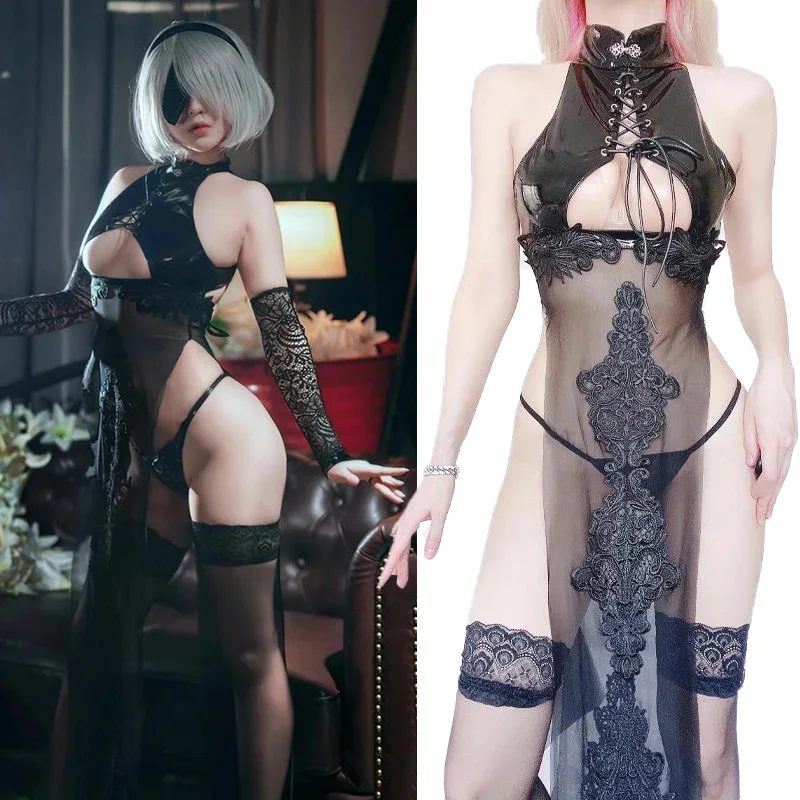 

Костюм для косплея Nier Automata Yorha 2B, женское нижнее белье, сетчатый чонсам, лаковый парик, Комплект носков