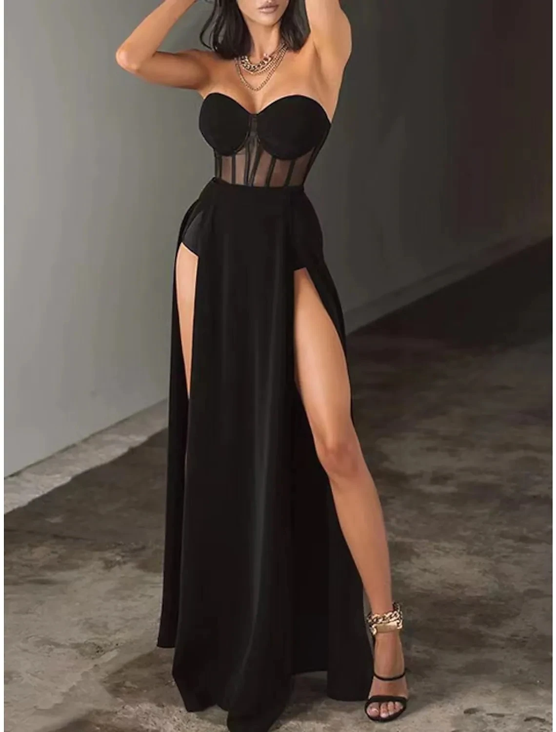 

Sexy Black Long Formal Evening Dress 2023 Strapless Sleeveless Corsets Silt Chiffon Women Prom Party Gowns Robe De Soiree