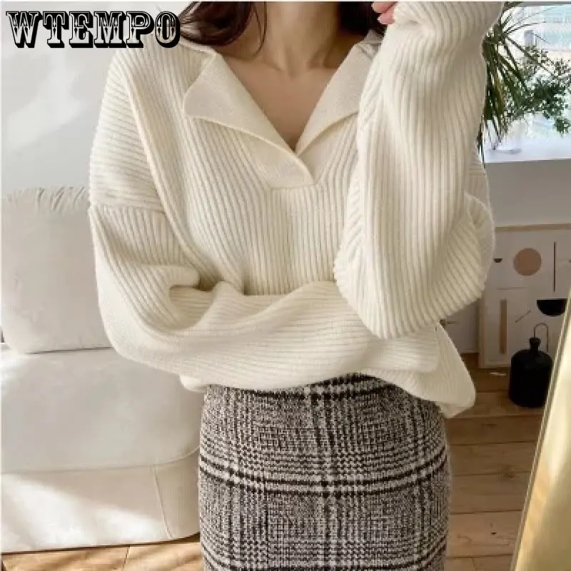 

WTEMPO V-neck Knitting Sweater 2022 Fall Polo Pullover Women's Korean Fashion Long Sleeve Loose Jumper Pull Femme Y2k Casual Top