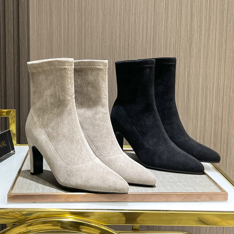 

Women Fashion High Heel Short Boots Female New Pointed Toe Stretch Sock Boots