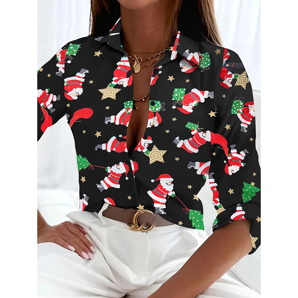 Женская рождественская рубашка на пуговицах с принтом Повседневная длинным