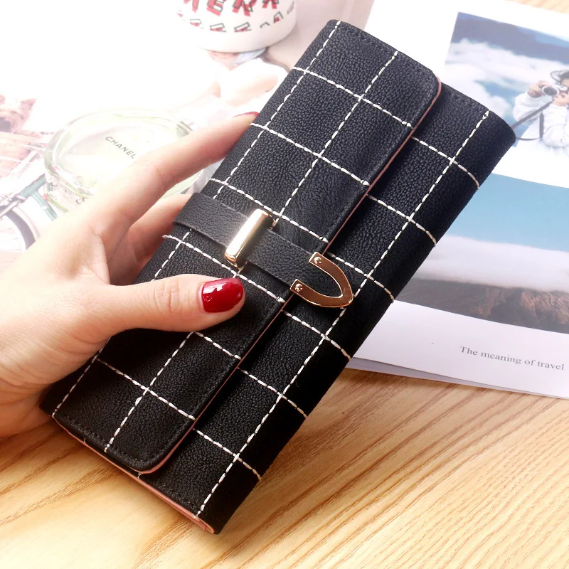 

Long chequered three fold matte wallet women's New Retro large capacity multi-functional banknote clip handbag