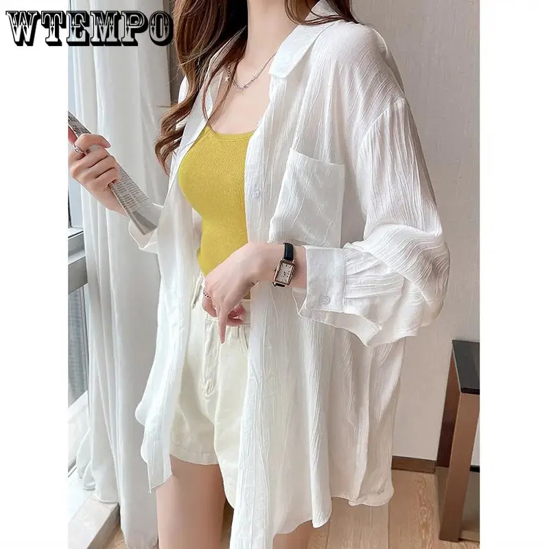 

WTEMPO Ice Silk White Sunscreen Shirt Women's Long Sleeve Summer New Versatile Cardigans Fashion Casual Solid Thin Button Coats