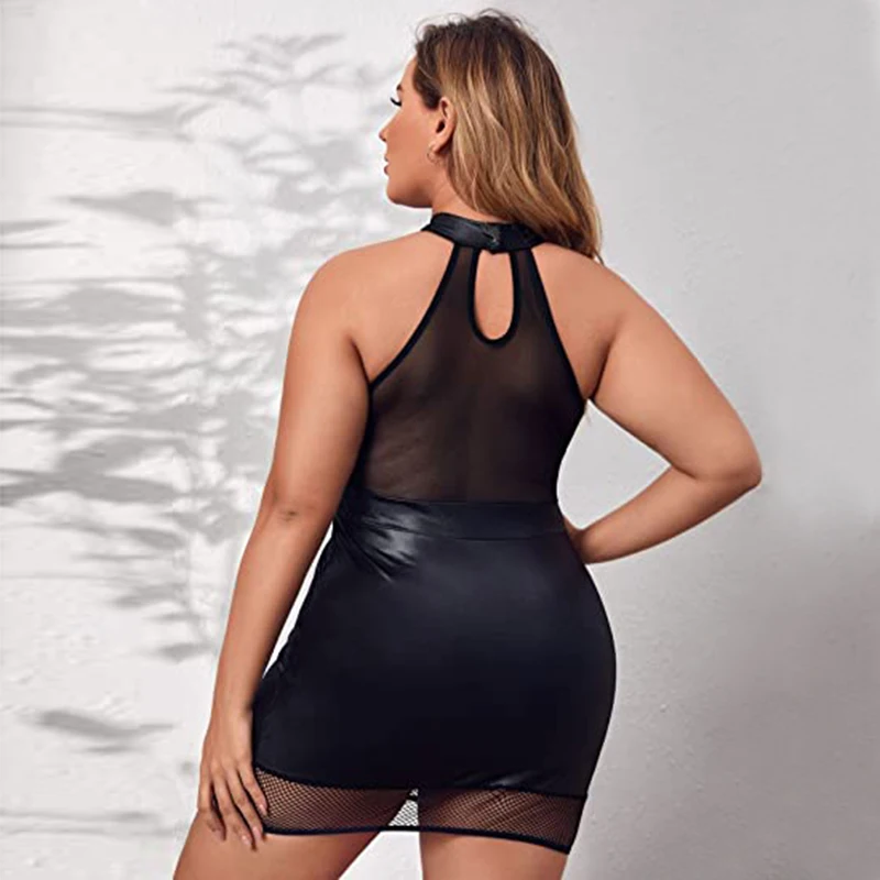 Ohyeahlady Women PU Leather Lingerie Sexy Mesh Halter Mini Dress Faux Leather Bodycon Babydoll Wet Look See Through Clubwear