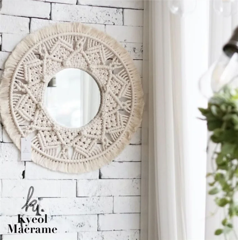 

Macrame Tapestry Wall Hanging Mirror Decoration Made-woven Cotton Bohemia Art Tapestry Boho Decor Home Livingroom Decorations