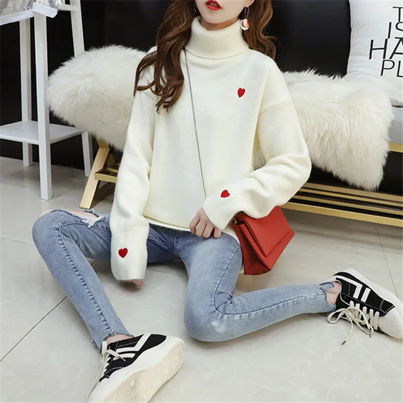 

Blue Red White Turtleneck Knitted Sweater Women Jumper Ladies Loose Autumn Winter Thick Warm High Collar Pullover Tops Female