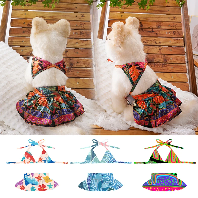 

New Ins Summer Pet Bikini Dog Beach Pet Swimsuit Sexy Sling Party Costume Leopard Bikini Dog Dresses Hawaiian Dress Cute Skirt