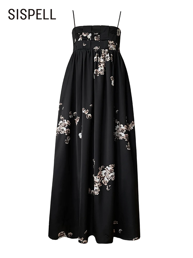 

SISPELL Sexy Print Dress For Women Square Collar Sleeveless High Waist Colorblock Midi Dresses Female Summer Clothing New 2022