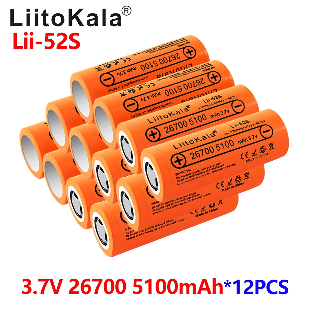 

12pcs LiitoKala Lii-52S 26700 5200mAh 3.7V Rechargeable lithium battery cell for 36V e-bike power HID solar light / 3C discharge