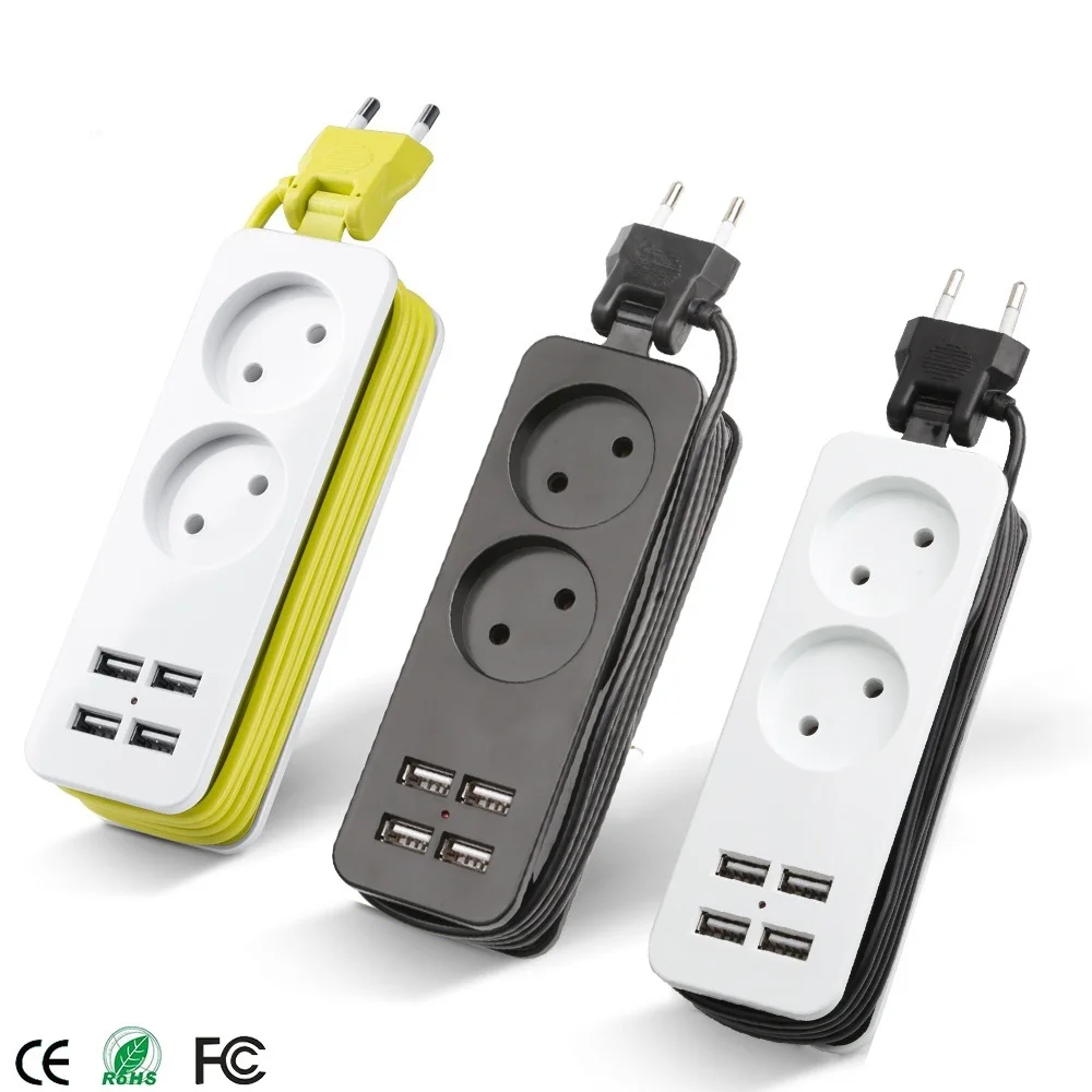 

EU Plug Power Strip With 4 USB Portable Extension Socket Plug 1.5m Cable AC Power Travel Adapter USB Smart Phone Charger