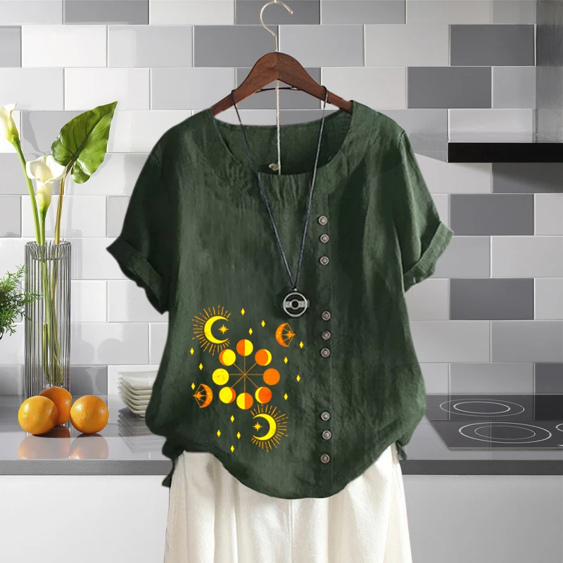 

2022 Summer Leisure Cotton Linen Blouse Gold Sun Moon Graphic Printed Loose T Shirt Women Round Neck Short Sleeve Top XS-5XL