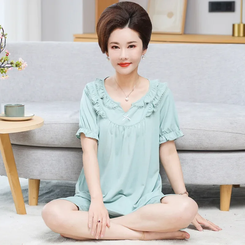 Летняя женская одежда для сна из модала с короткими рукавами брюки семью