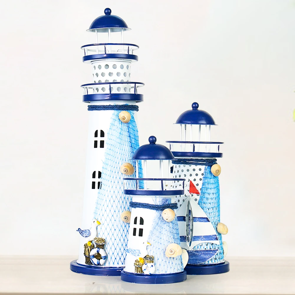 Nautical Ocean Flash Lighthouse Fishing Net Starfish Metal Beacon Tower Ornaments Figurines Crafts Paperweight Home Decor