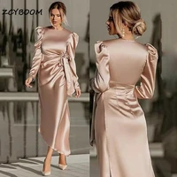 chanpagne mermaid long satin short prom gowns o neck puffy sleeves 2022 formal woman party dresses fitted evening gowns with bow