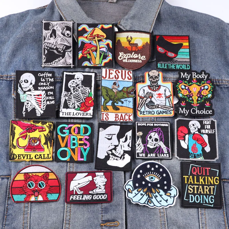 

Punk Square Embroidery Patch Fashion DIY Iron On Patches For Clothing Thermoadhesive Patches On Clothes Fusible Patch Sew Badges