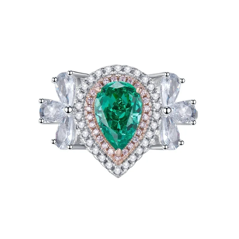 

SpringLady 925 Sterling Silver 6*9MM Crushed Ice Cut Emerald High Carbon Diamonds Gemstone Engagement Fine Jewelry Ring