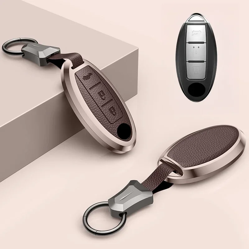 Кожаный чехол для автомобильного ключа из алюминиевого сплава Nissan Qashqai 370Z March Pulsar