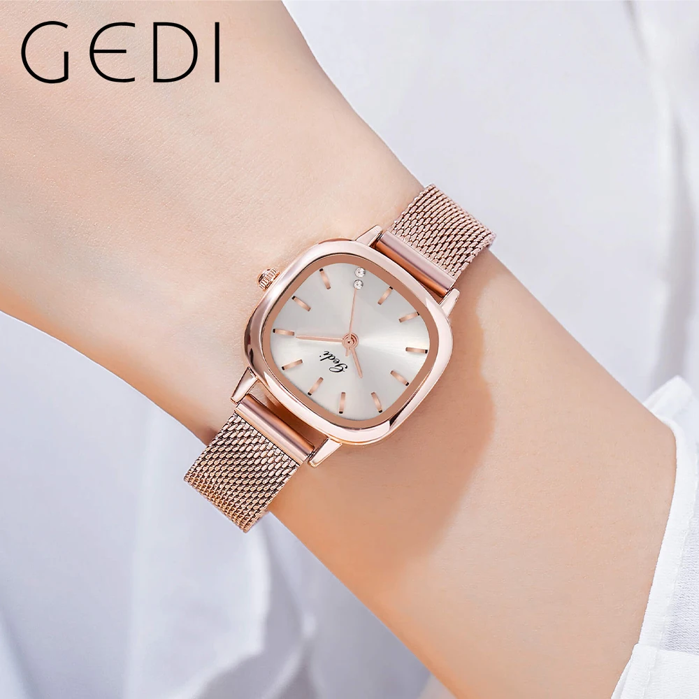 GEDI Luxury Rose Gold Square Women Watches Fashion Milanese Steel Strap Waterproof Analog Quartz Wrist Watch for Ladies Clock