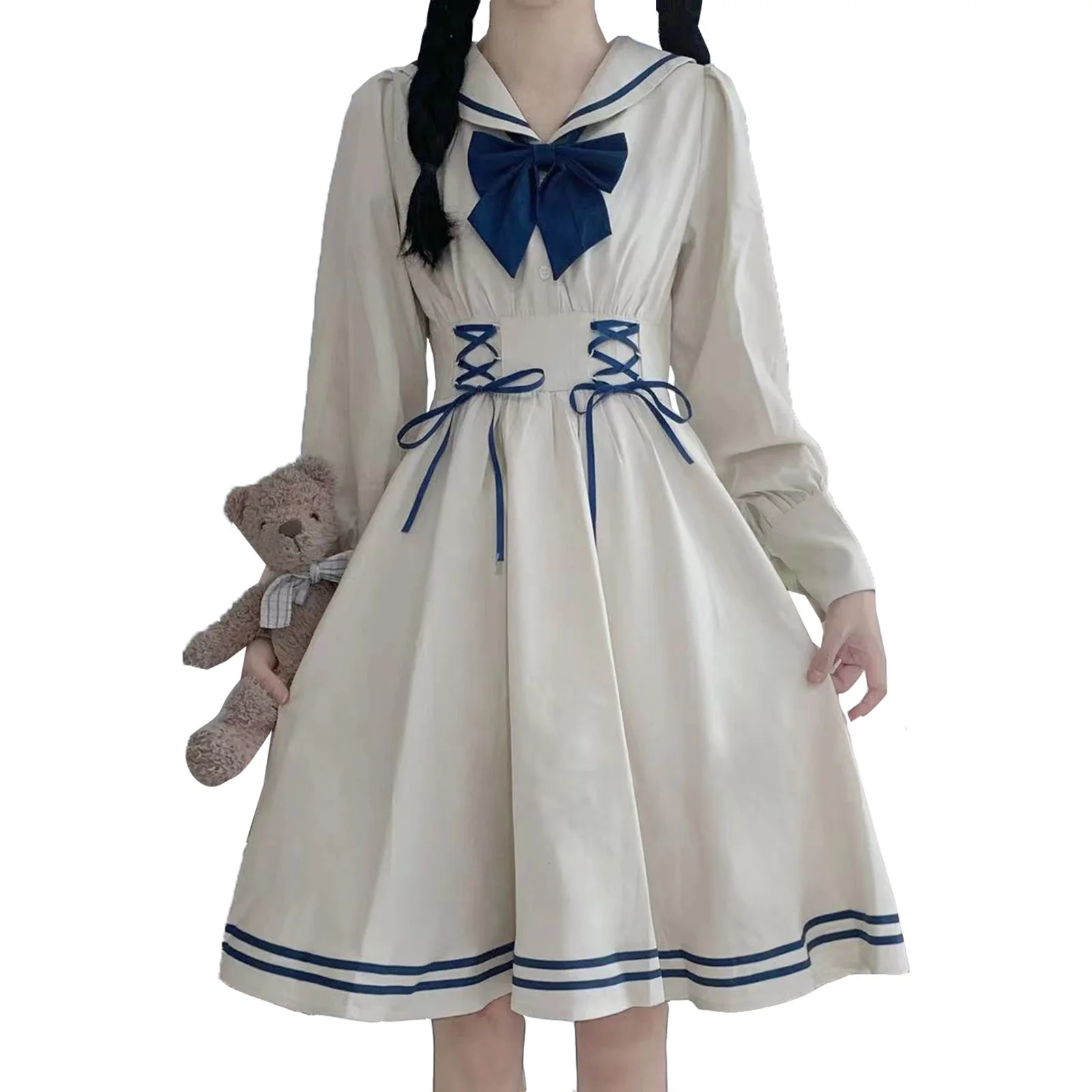 Girls Navy Collar Sailor Dress Japanese Lolita Sweet Bowknot Kawaii Tie JK School Uniform Dress