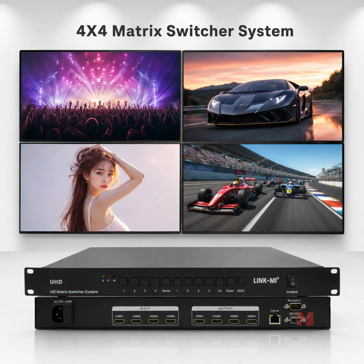 Фото Матричный HDMI-коммутатор 4x4 4K30Hz с поддержкой HDCP 1.4, DVI, EDID, RS232, видеоразветвитель №1