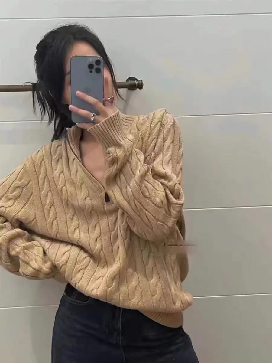 Winter Thickened Stand Collar Lapel Zip-up Half-Height Twist Knit sweater Women Twisted Flower Angora Base Loose European and... |