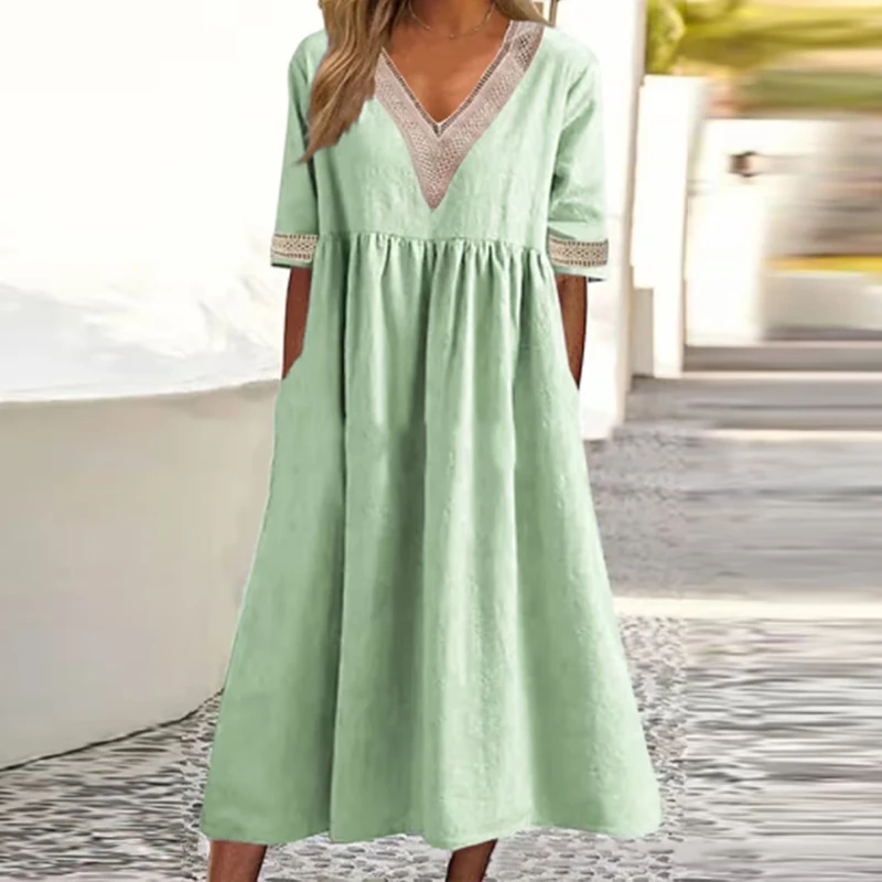 

Summer Chic Loose Long Dress 2023 Commute Lady Half Sleeve V-neck Pockets Dresses Elegant Patchwork Cotton Linen Vintage Dress
