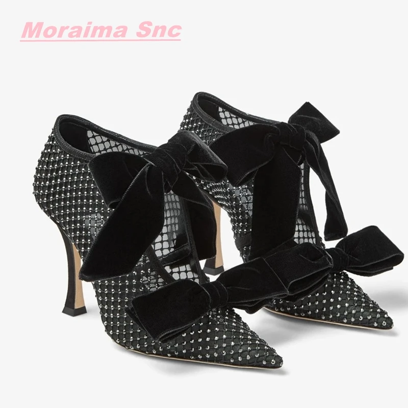 Rhinestone Glitter Women Fashion Summer Pumps New Bowknot Pointed Toe Solid Luxury Lace Up  Sexy Hollow Thin High Heel Shoes