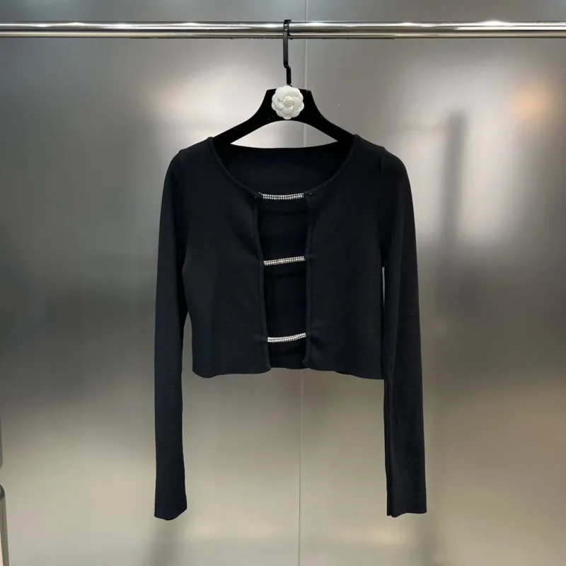 

Женская трикотажная футболка с длинным рукавом, черная облегающая футболка с круглым вырезом, украшенная стразами, GL200, осень 2023