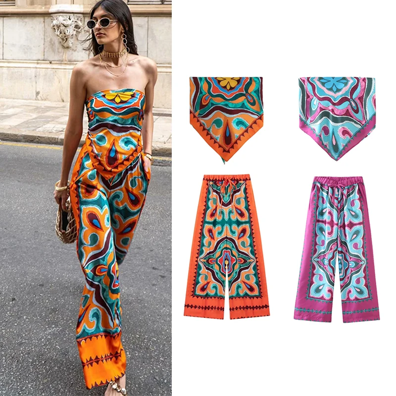 

TRAF 2-piece Pants Set Summer 2023 New Women's Fashion Printed Suspenders Elastic Waist Women's Suits Chic Elegant Holiday Set