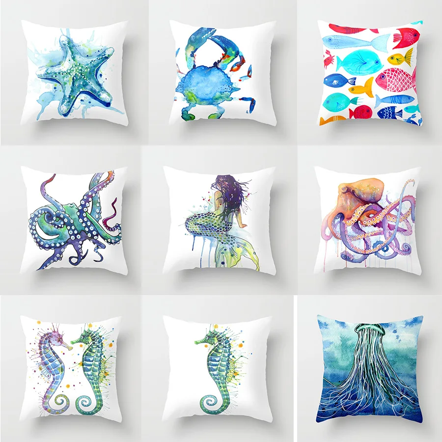 

Watercolor ocean theme pillowcase starfish octopus mermaid crab cushion cover home sofa bedroom decoration pillowcase ornament