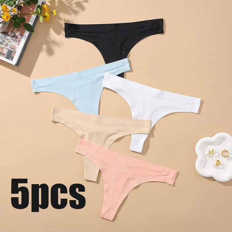 

CHRLEISURE 5PCS/Set One-piece Fitness Sports Breathable Ice Mesh Holes Cotton Crotch Women's Traceless Low Waist Panties Thong