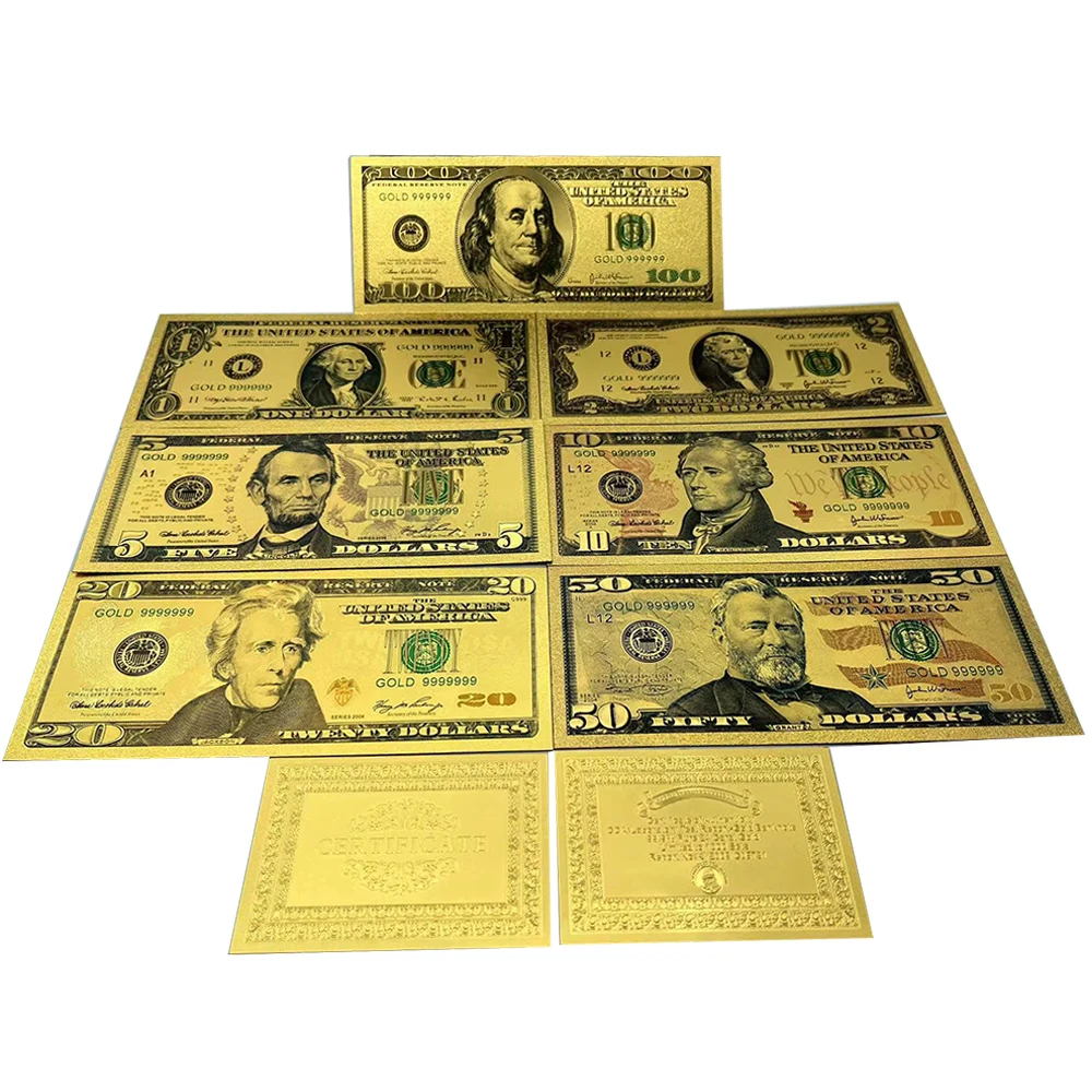 

10pcs/lot Dollars American Paper Money 7style Nice Gold Foil Banknote 1/2/5/10/20/50/100 Fake Paper Fans Collection