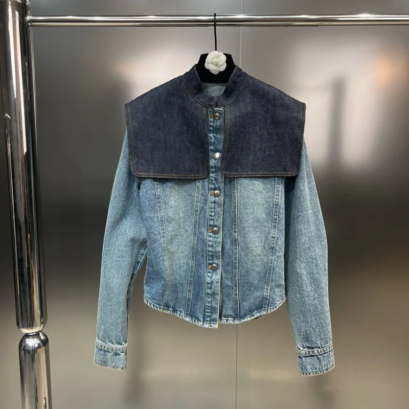 

BORVEMAYS Contrasting Colors Shirt Long Sleeve Single-breasted Patchwork Casual Loose 2023 Autumn Denim Blouses WZ5278