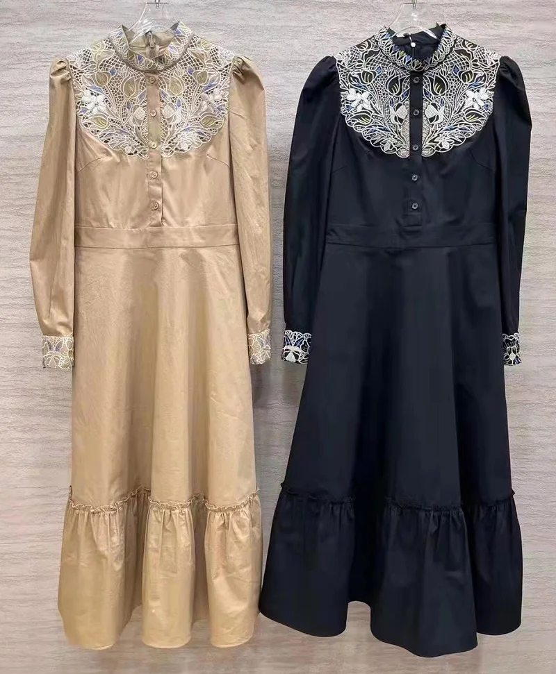 

100%Cotton Dress 2023 Spring Style Women Lurex Embroidery Long Sleeve Mid-Calf Length Casual Khaki Black Dress Vestidos Festa