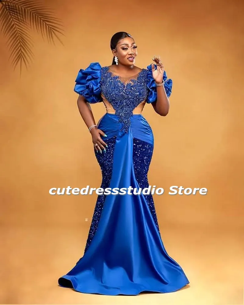 

Nigerian Blue Mermaid Evening Dresses Sheer Neck Aso Ebi Party Dress Sequin Plus Size African Women Wedding Reception Prom Gowns