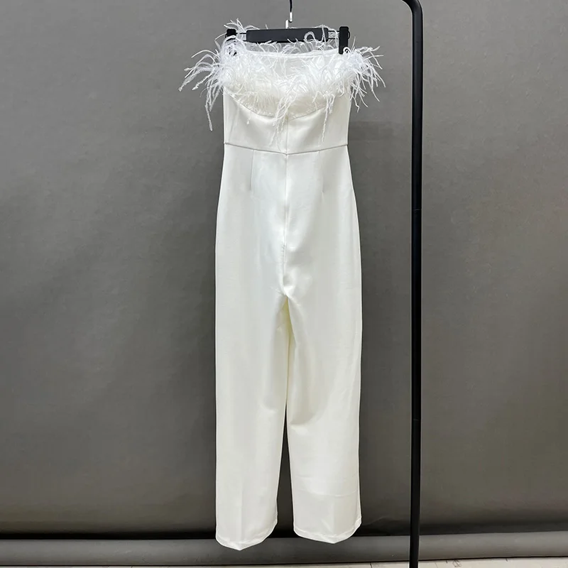 Lady Fashion Feather Jumpsuit 2023 New Spring Summer Sleeveless Rompers Off Shoulder Zipper Women Clothing S5461