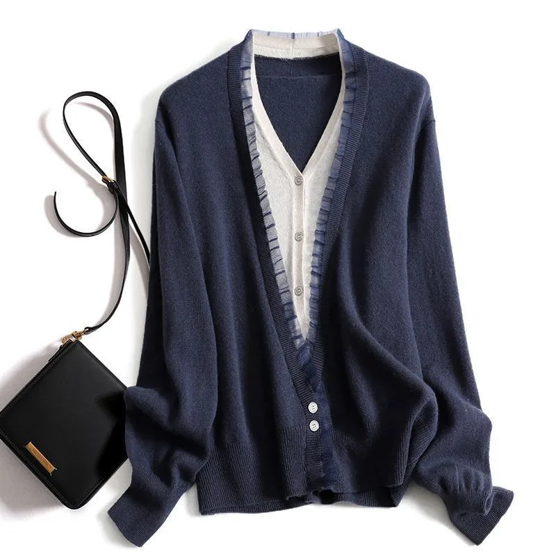 

Limiguyue Spring Autumn Fake Two-piece Set Cashmere Sweater Women Knit Jacket Lace Diamond Single Breasted Wool Cardigans E239